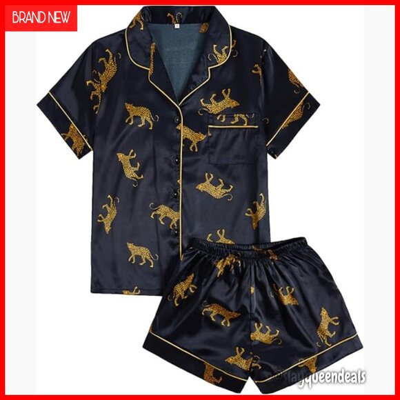 Short Sleeve Satin Pajama Set Button Down Top and Shorts